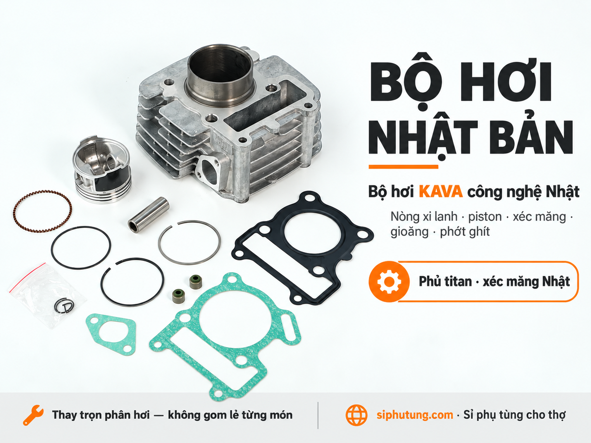 Poster bộ hơi KAVA Nhật Bản gồm nòng xi lanh, piston, xéc măng, gioăng và phớt ghít; phủ titan, xéc măng Nhật