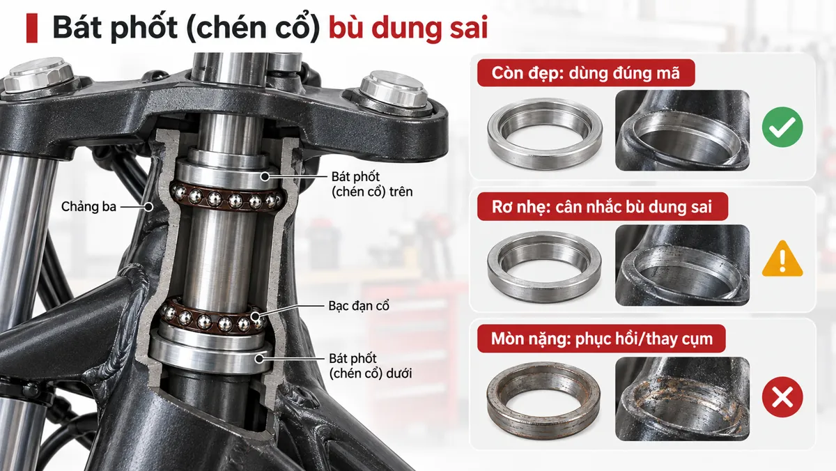 Sơ đồ mặt cắt cổ lái xe máy: chảng ba, bát phốt (chén cổ) trên, bạc đạn cổ và bát phốt dưới, kèm 3 mức mòn chén cổ